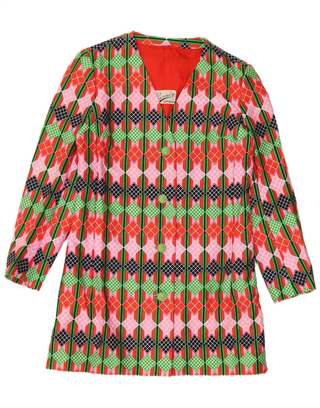 Vintage damska marynarka zapinana na 4 guziki UK 12, średnia, wielokolorowa, geometryczna