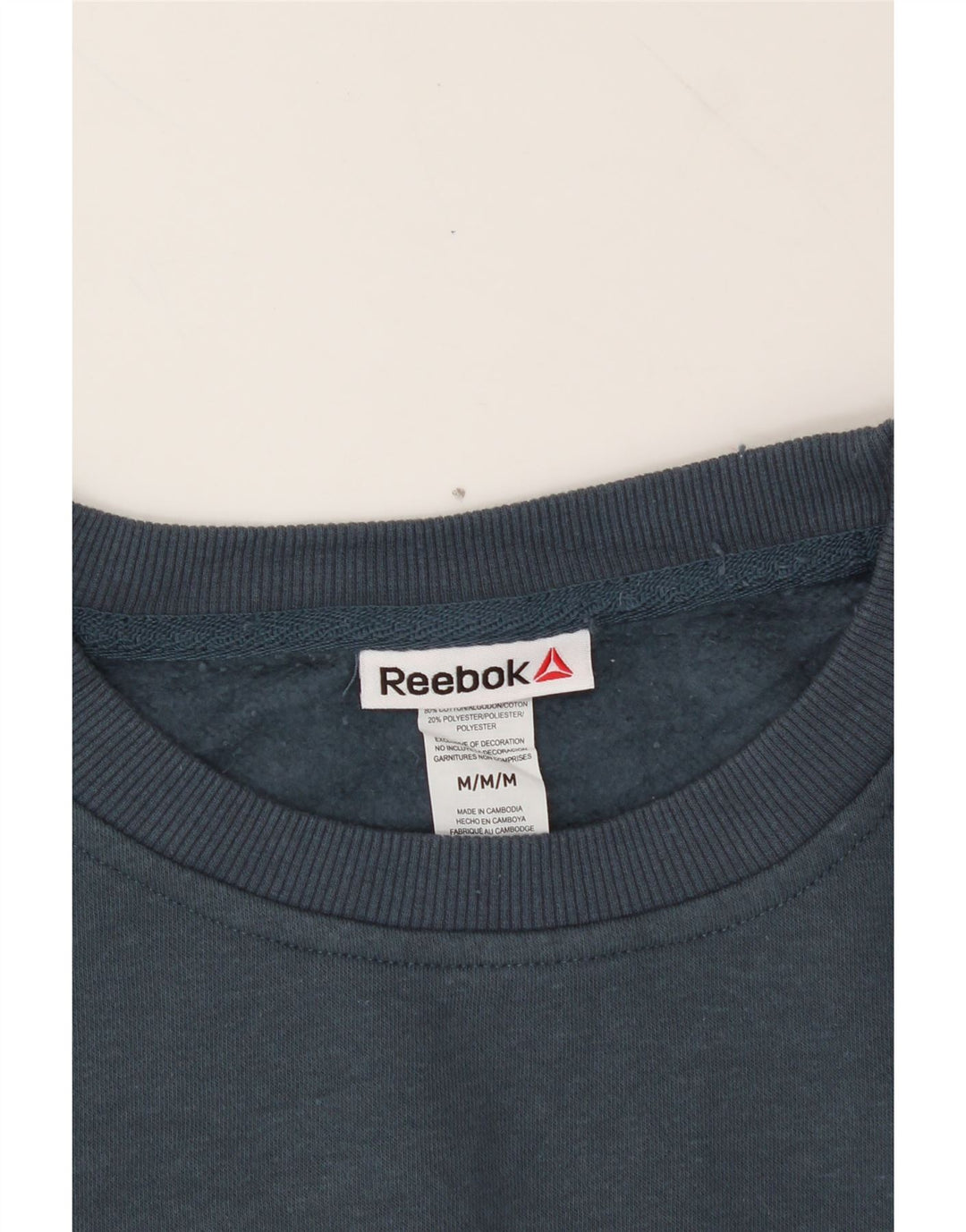 REEBOK Mens Graphic Sweatshirt Jumper Medium Navy Blue Cotton Vintage Reebok and Second-Hand Reebok from Messina Hembry 
