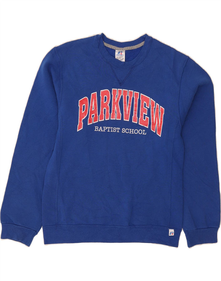RUSSELL ATHLETIC Mens Parkview Graphic Sweatshirt Jumper Small Blue Cotton Vintage Russell Athletic and Second-Hand Russell Athletic from Messina Hembry 