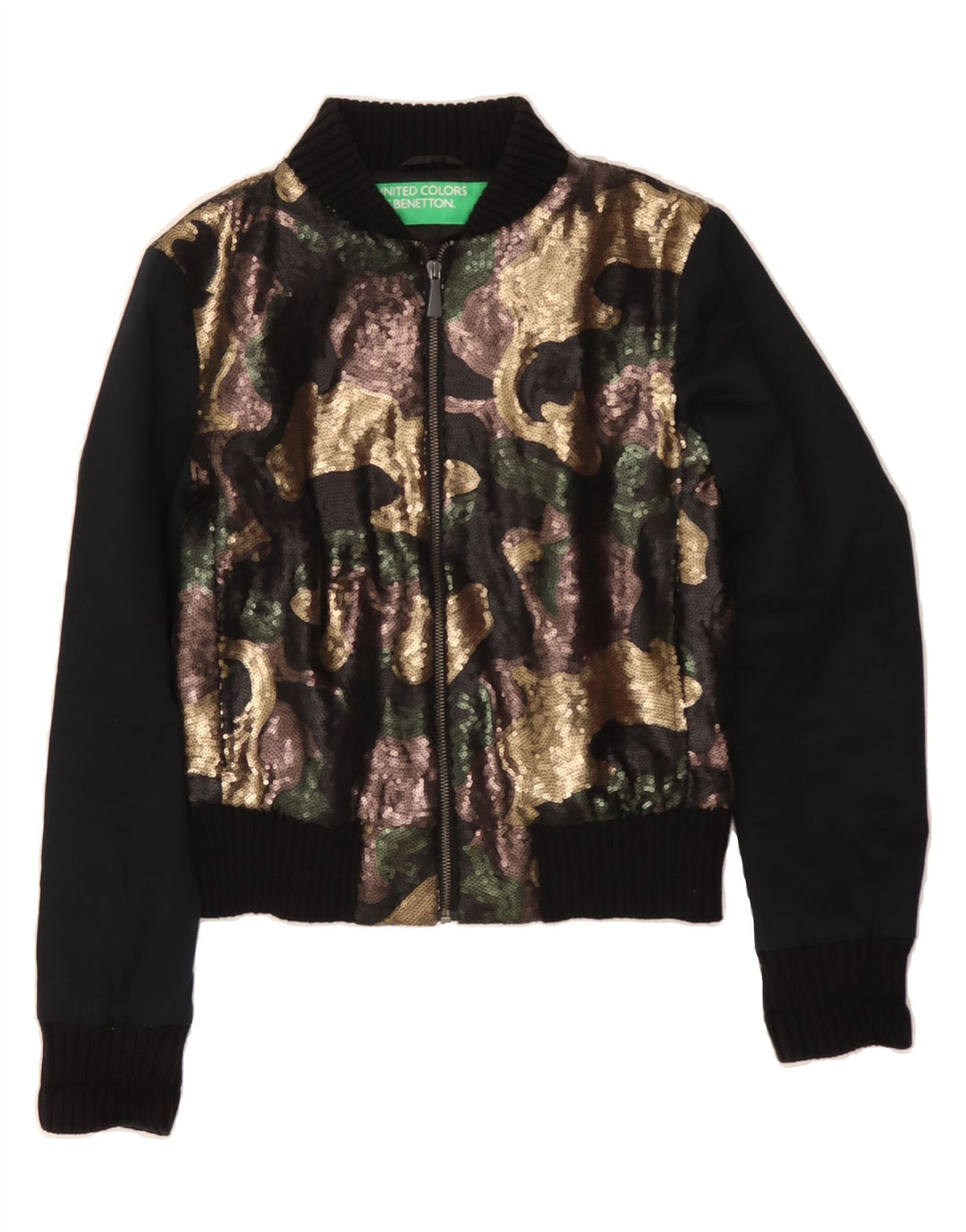 BENETTON Womens Crop Bomber Jacket UK 10 Small Black Camouflage Polyester Vintage Benetton and Second-Hand Benetton from Messina Hembry 