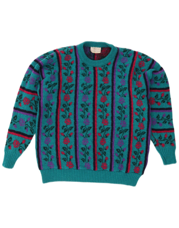 Sweter damski VINTAGE z okrągłym dekoltem UK 16, duży, turkusowy, kwiatowy, wełniany