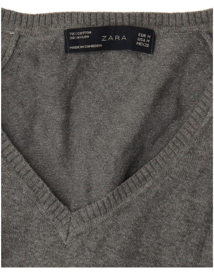 Sweter damski Zara z dekoltem w kształcie litery V, UK 12, średnioszary, bawełniany