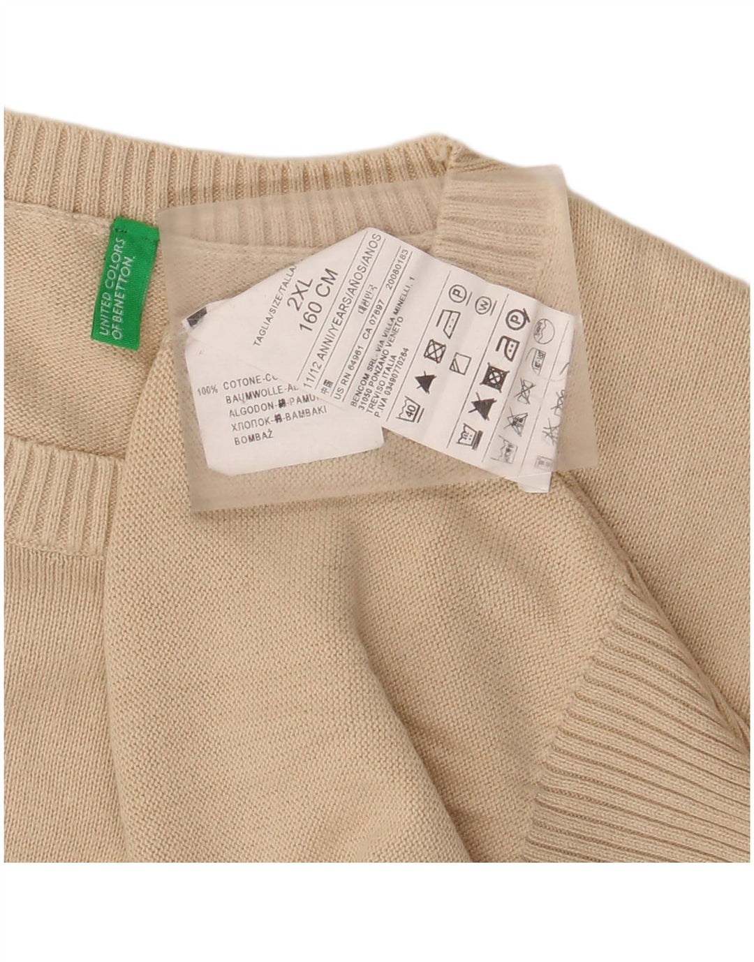 BENETTON Chłopięcy sweter z okrągłym dekoltem 11-12 lat 2XL beżowy bawełniany
