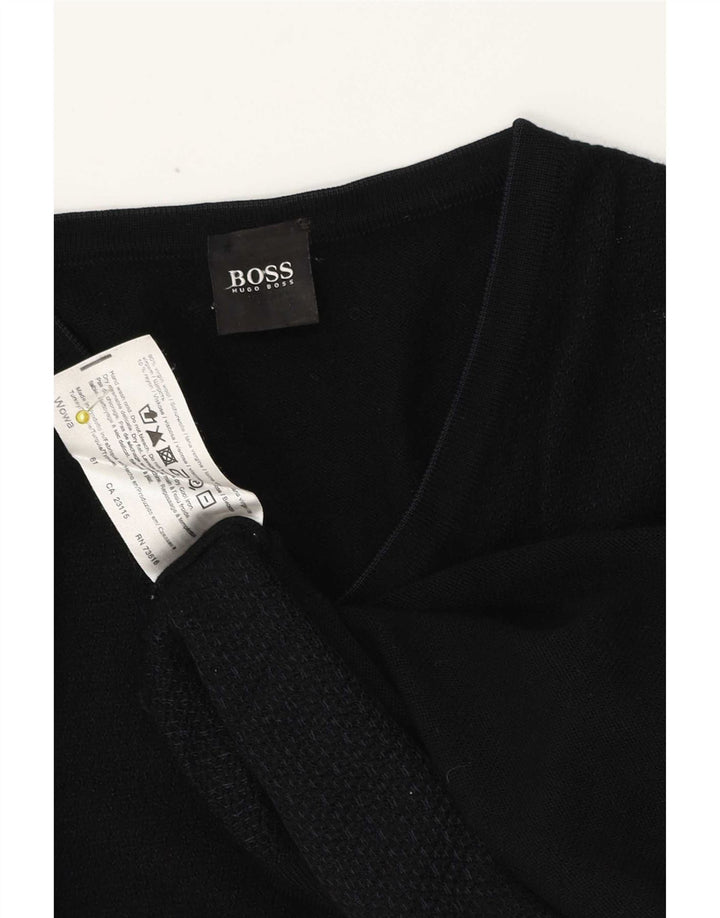Męski sweter z dekoltem w serek Hugo Boss, średnia czarna dziewicza wełna