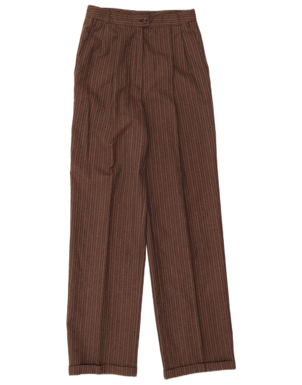 Vintage damskie spodnie garniturowe z wysokim stanem W26 L31 brązowe prążki