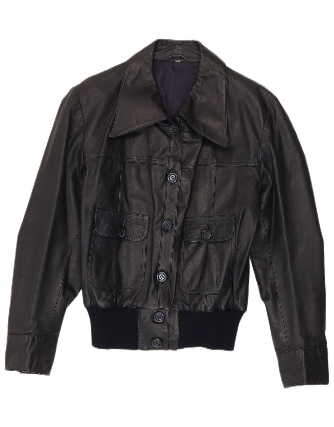 Vintage damska kurtka skórzana Bomber UK 14, średnia granatowa skóra
