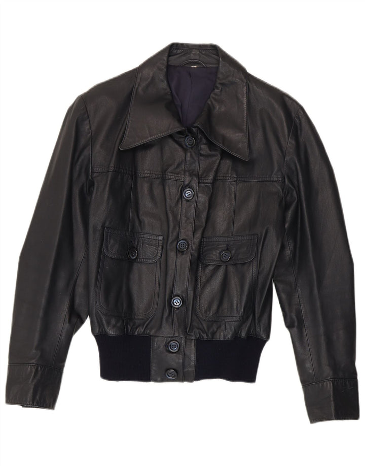 Vintage damska kurtka skórzana Bomber UK 14, średnia granatowa skóra