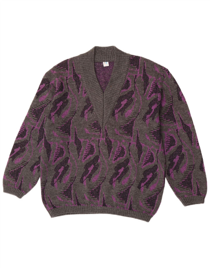 Damski sweter Rasica z abstrakcyjnym wzorem, dekoltem w szpic, UK 16, duży, szary