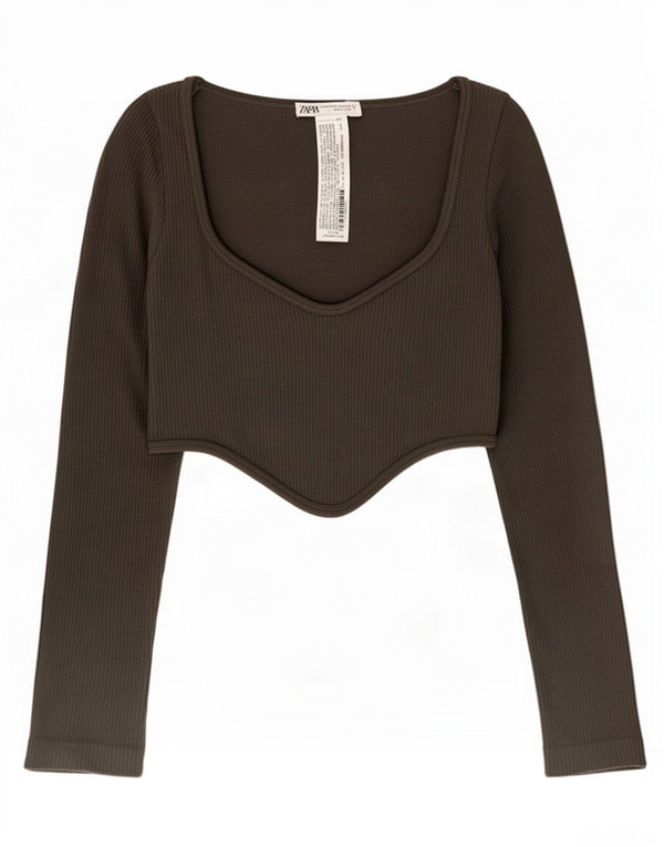 Damski krótki top Zara z długim rękawem, UK 4 XS, khaki, poliamid