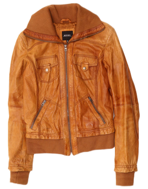 Damska kurtka skórzana BERSHKA UK 12 Skóra w kolorze średniego brązu