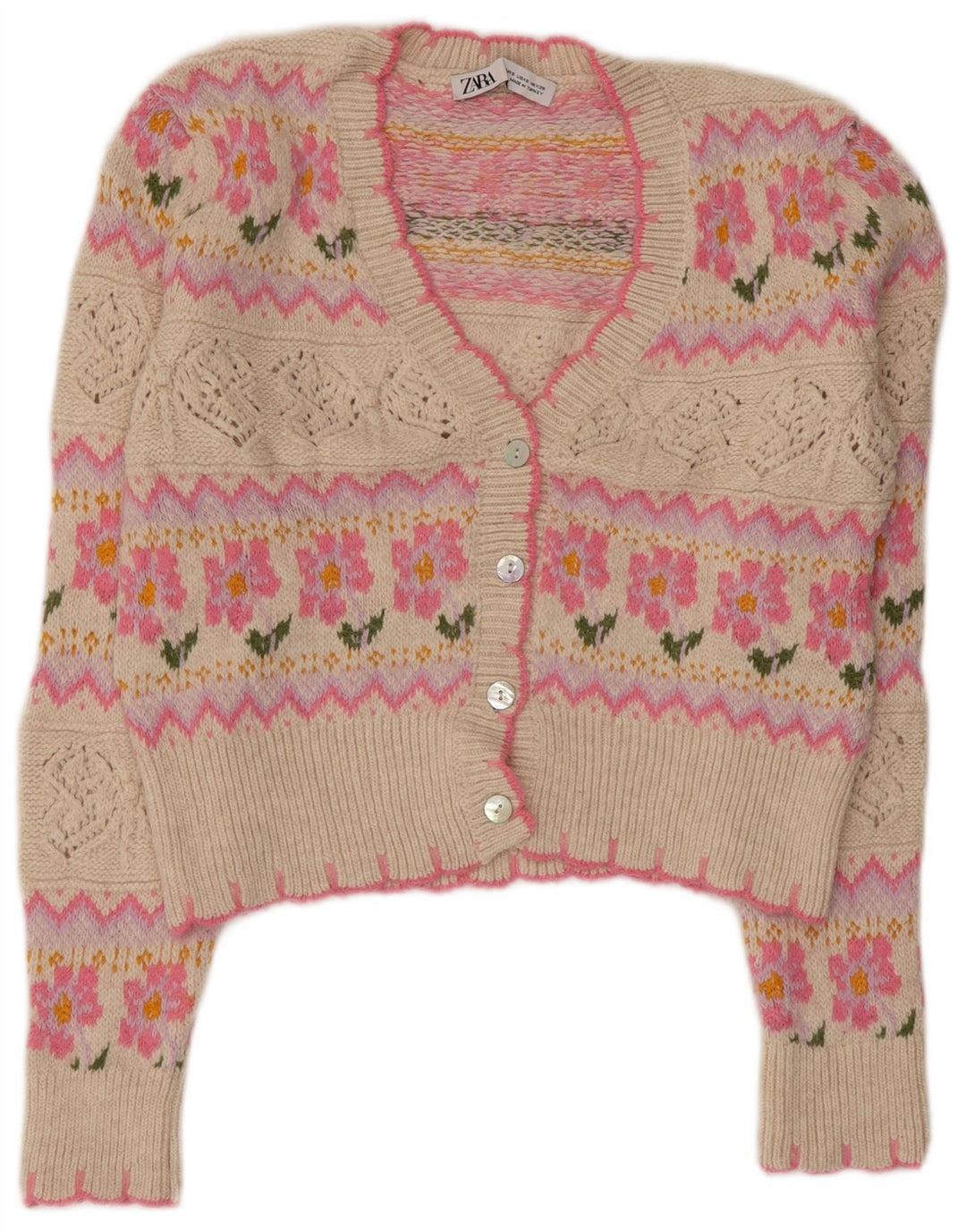 Damski sweter o luźnym kroju ZARA Crop Cardigan UK 10, mały, różowy, kwiatowy