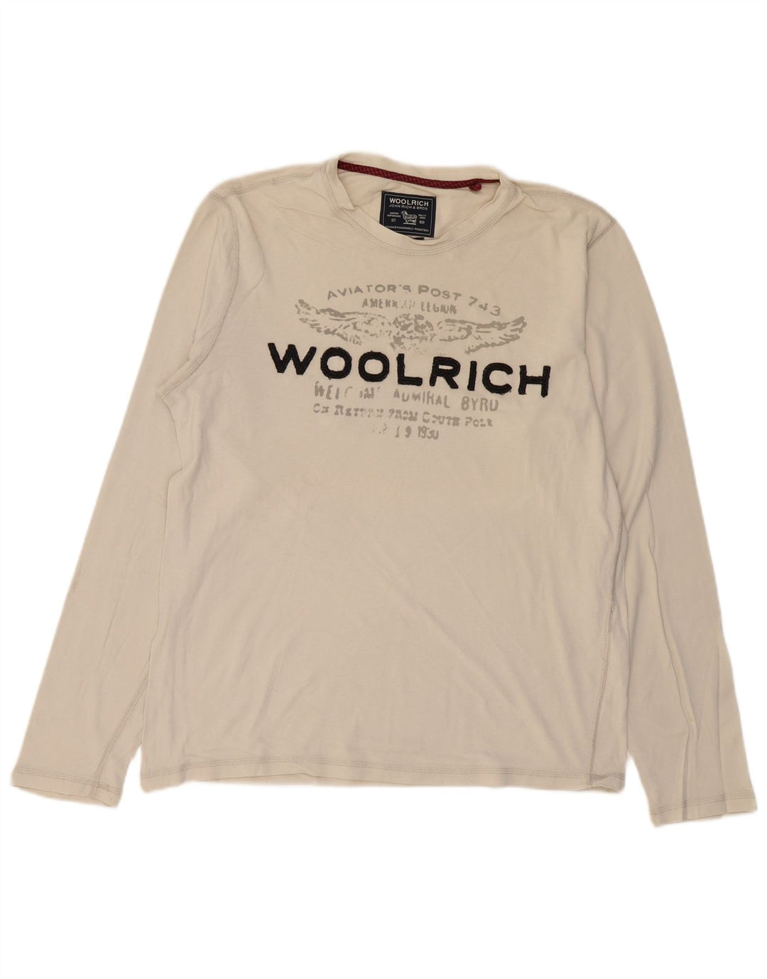 WOOLRICH Męski graficzny top z długim rękawem, duży, złamanej bieli, bawełniany