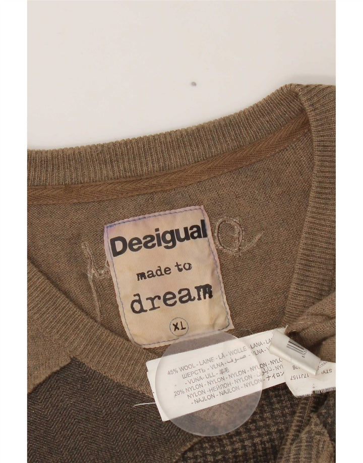 Desigual męski sweter z dekoltem w kształcie litery V XL brązowy patchworkowy wełniany nowoczesny