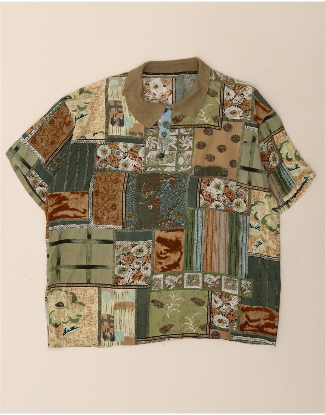 Męska koszula pulowerowa z krótkim rękawem w stylu vintage, średnia zielona patchworkowa wiskoza