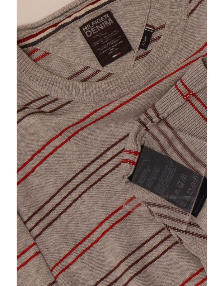 TOMMY HILFIGER Męski sweter z okrągłym dekoltem, bawełniany w średnie szare paski