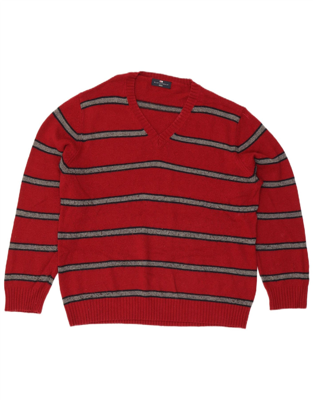 Męski sweter Marks & Spencer Blue Harbor z dekoltem w kształcie litery V, duże czerwone paski