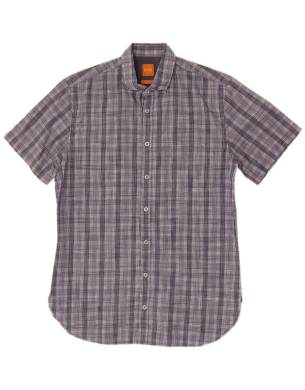 Męska koszula slim fit z krótkim rękawem Hugo Boss, bawełniana w średnią niebieską kratkę