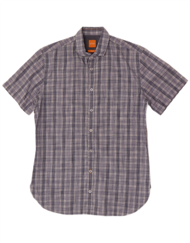 Męska koszula slim fit z krótkim rękawem Hugo Boss, bawełniana w średnią niebieską kratkę