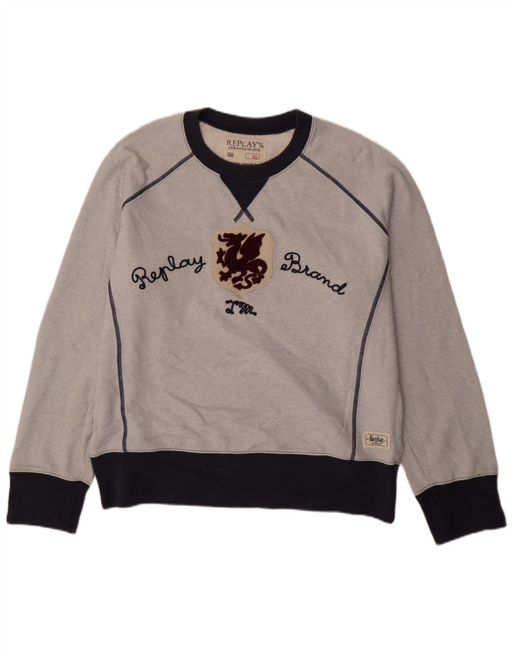 Męska bluza z grafiką REPLAY, XL, niebieska, z blokami kolorów, bawełniana