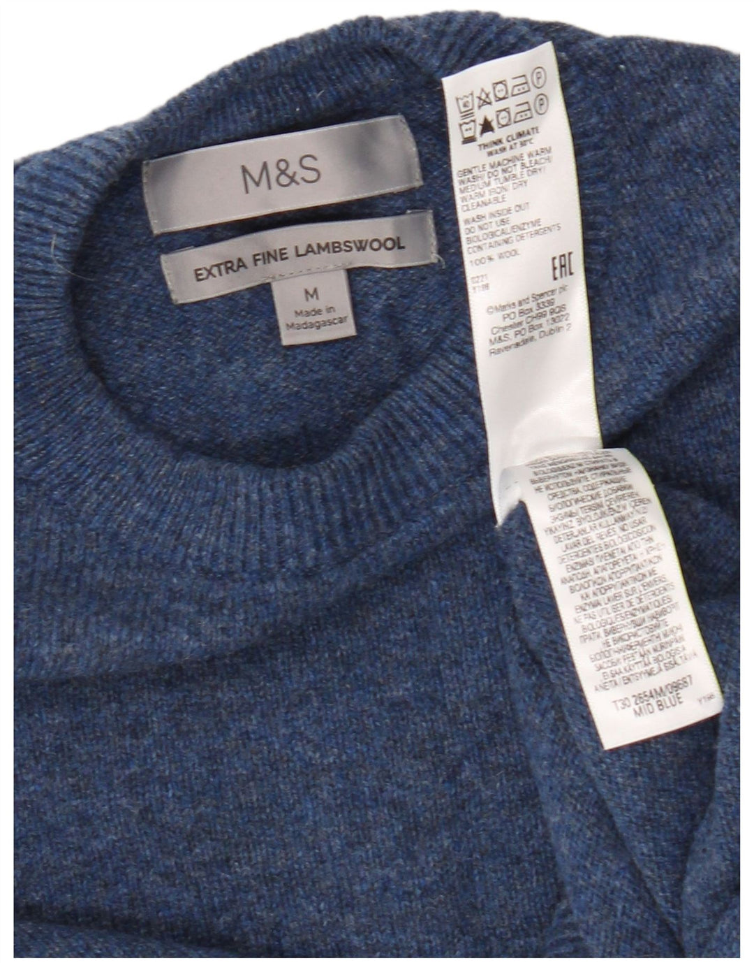 Marks & Spencer Męski sweter z okrągłym dekoltem, średnioniebieski, wełniany