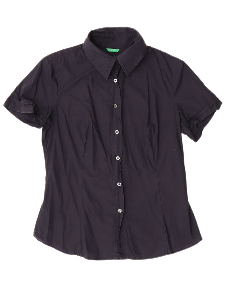 Koszula damska z krótkim rękawem BENETTON UK 14, duża, granatowa, bawełniana