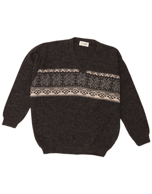 Vintage męski sweter z dekoltem w kształcie litery V, XL, szary, wełniany Fair Isle