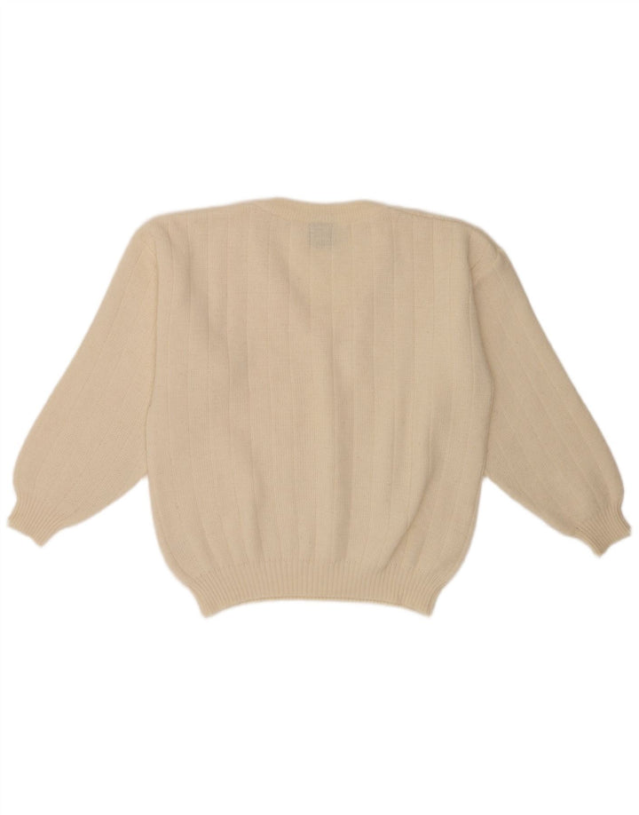 Męski sweter w stylu vintage o regularnym kroju, z dekoltem w szpic, średni, w kolorze złamanej bieli, klasyczny
