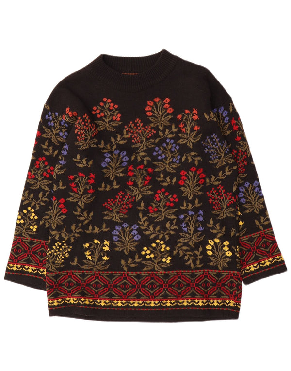 Vintage damski sweter z wycięciem pod szyją, UK 16, duży, czarny w kwiaty