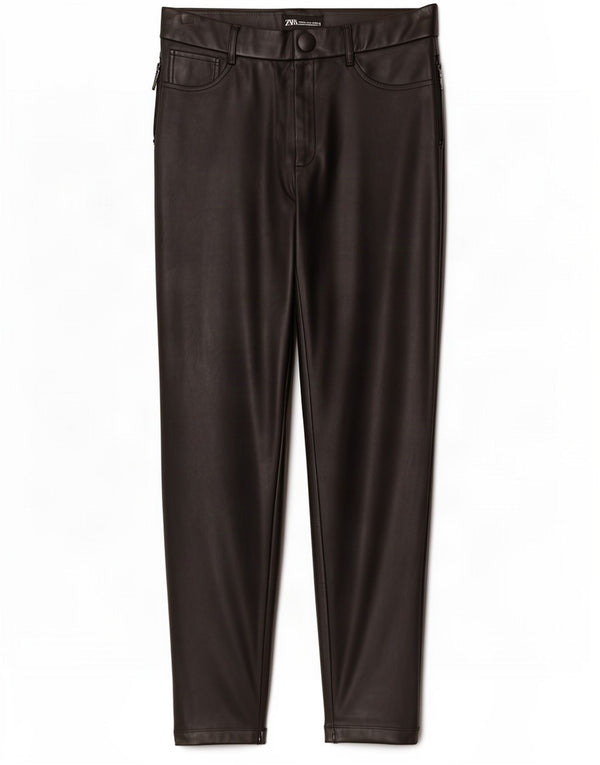 Damskie spodnie obcisłe ze sztucznej skóry Zara XL W32 L28 Czarny poliester