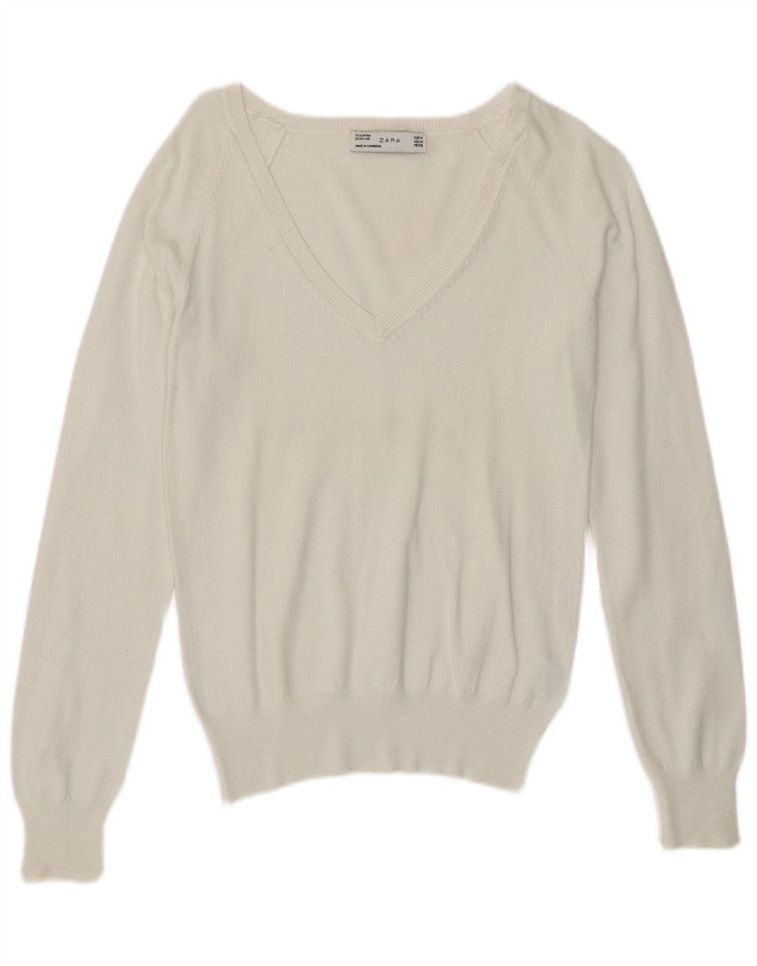 ZARA Womens V-Neck Jumper Sweater UK 12 Medium White Cotton