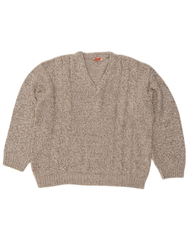 Vintage męski sweter z dekoltem w kształcie litery V, XL, brązowa, wełniana nakrapiana