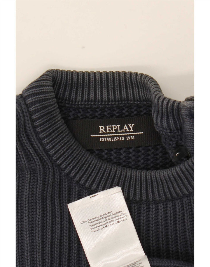 Męski sweter z okrągłym dekoltem Replay, duży, granatowy, bawełniany