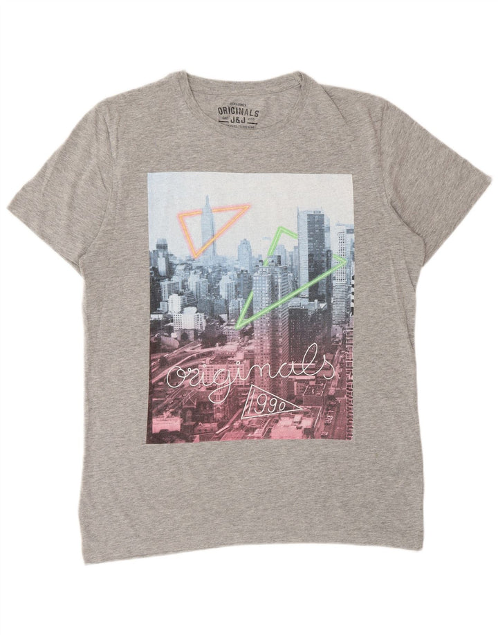 Męski T-shirt z grafiką Jack & Jones, duży, szary, bawełniany