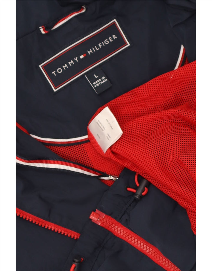 Damska kurtka przeciwdeszczowa z kapturem Tommy Hilfiger UK 16, duża granatowa, poliester