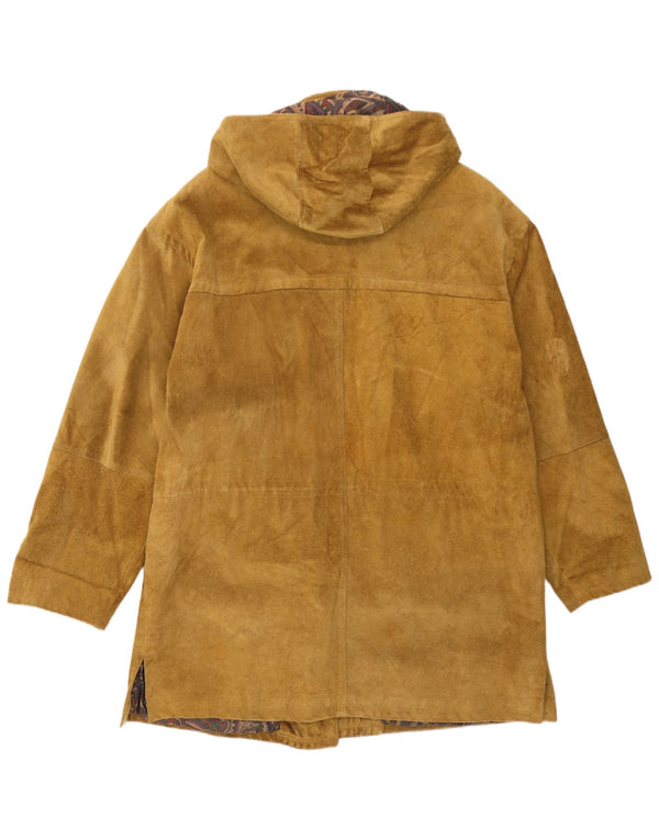 Vintage damski, oversize'owy, zamszowy płaszcz z kapturem IT 50 XL, brązowa skóra