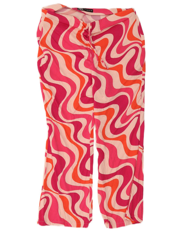 Damskie spodnie Zara z abstrakcyjnym wzorem i wysokim stanem XL W32 L24 Różowe