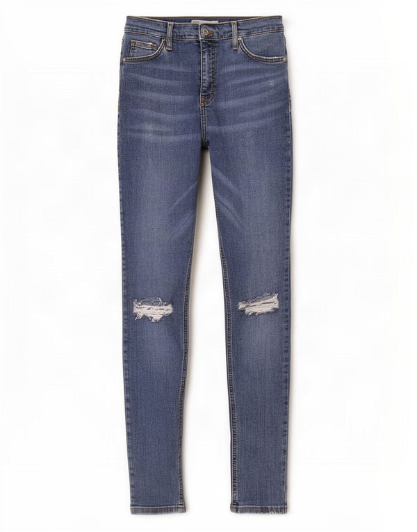 Topshop Damskie jeansy skinny Jamie Distressed W30 L33 Niebieskie, bawełniane