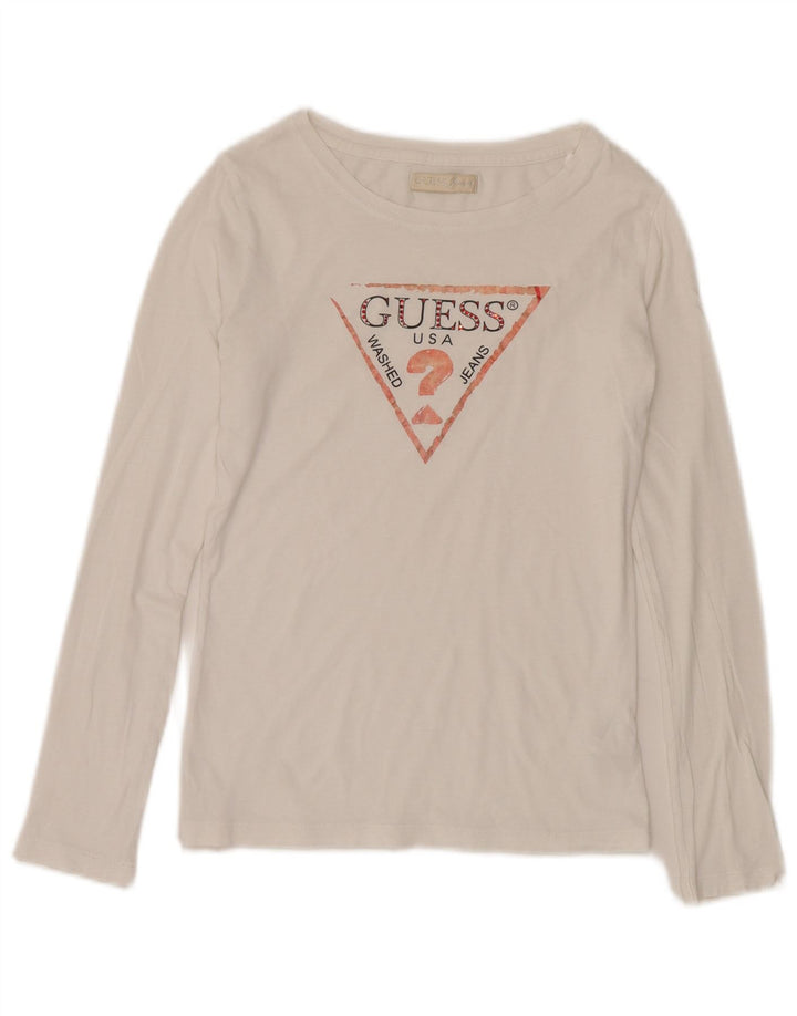Guess Damski graficzny top z długim rękawem, UK 10, mały, biały, bawełniany