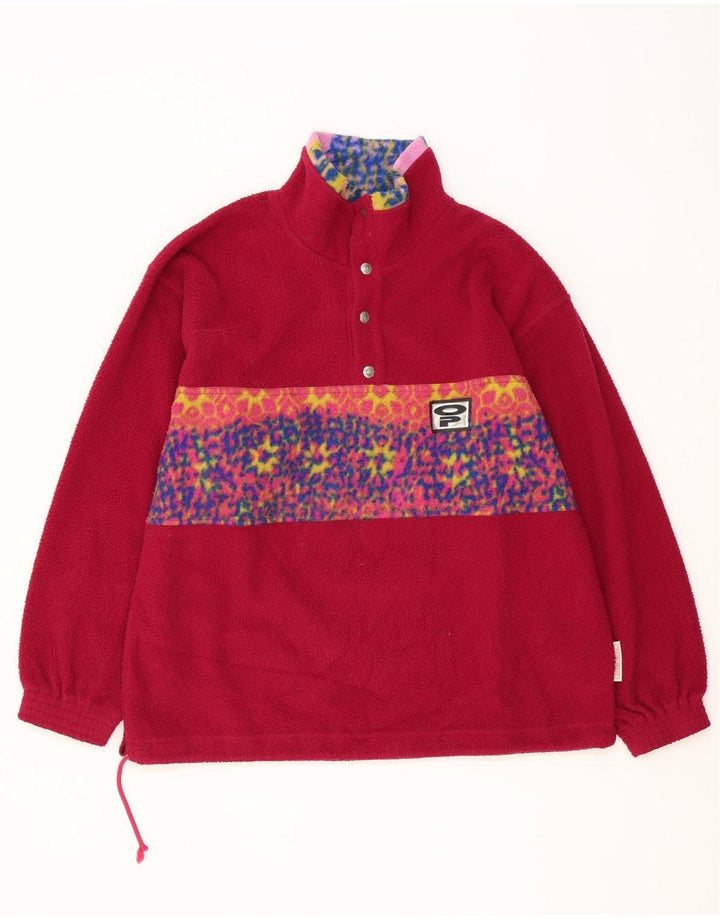 Vintage męski sweter polarowy z guzikami pod szyją, duży, różowy, geometryczny poliester