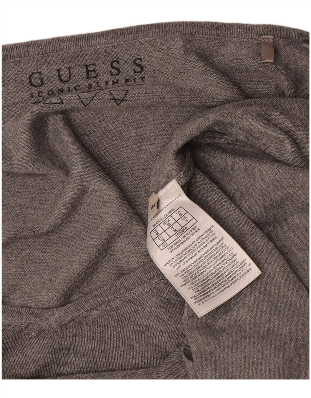 Damski sweter Guess z graficznym, oversize'owym dekoltem w szpic, UK 8, mały, szary