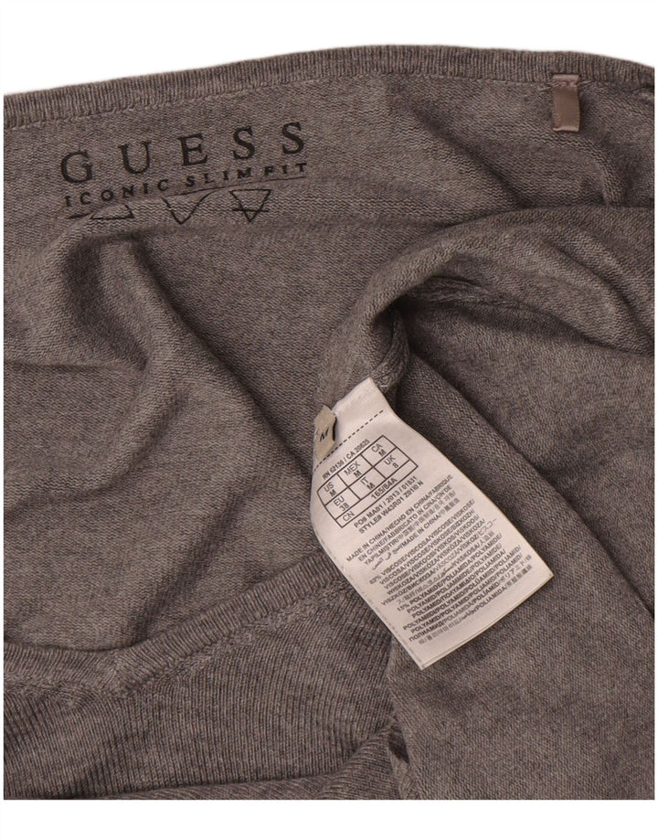 Damski sweter Guess z graficznym, oversize'owym dekoltem w szpic, UK 8, mały, szary