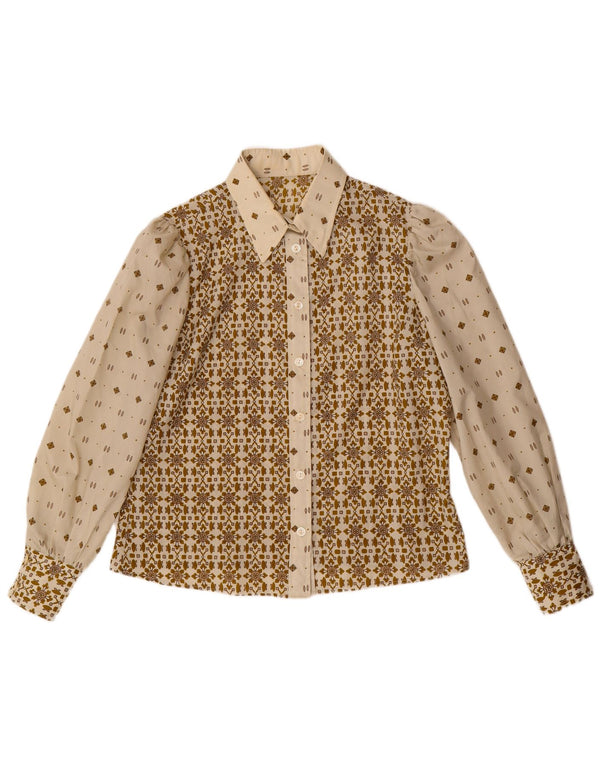 Damska bluzka koszulowa w stylu vintage UK 16, duża, beżowa, geometryczna