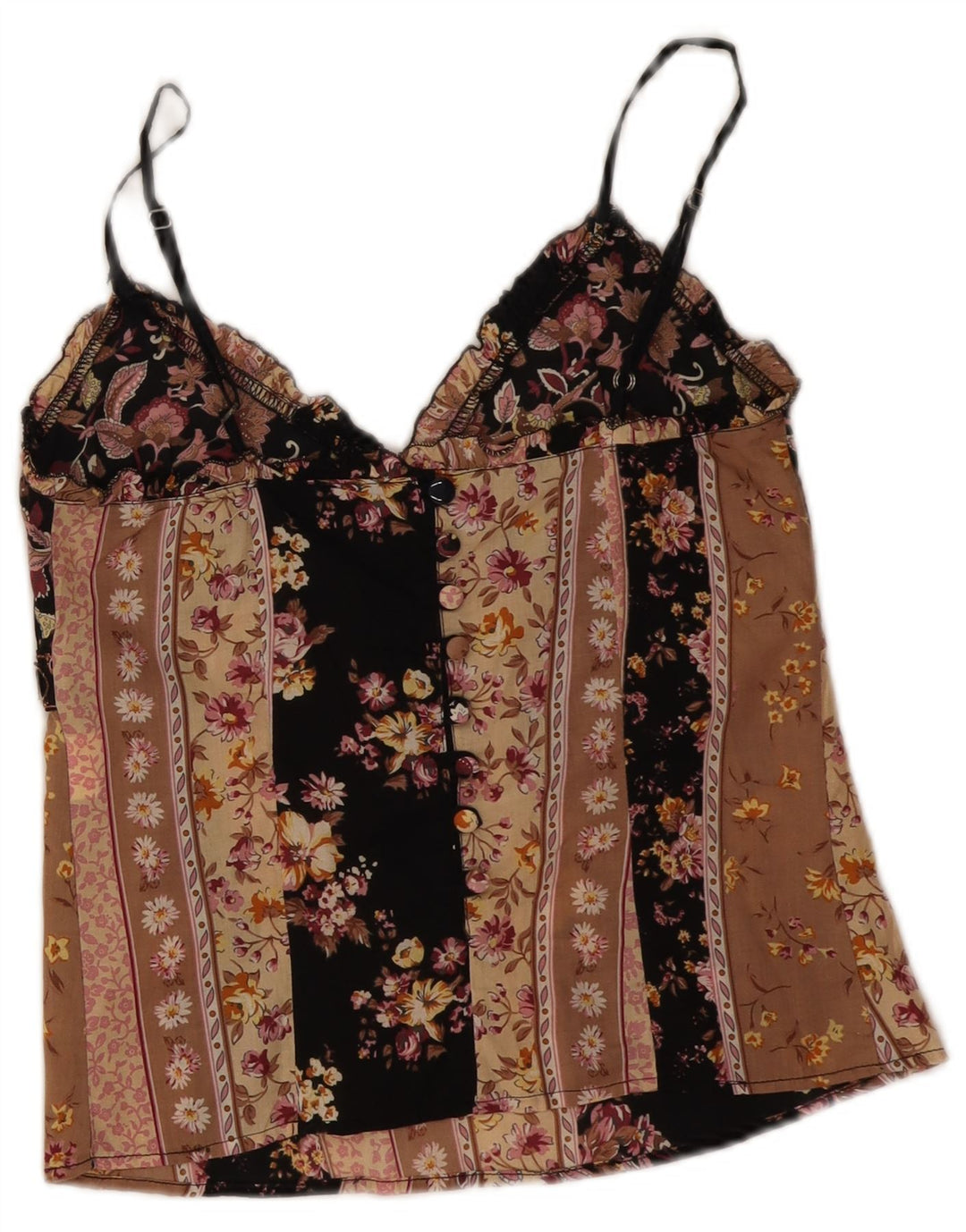 Vintage damski top na ramiączkach UK 8, mały, czarny w kwiaty