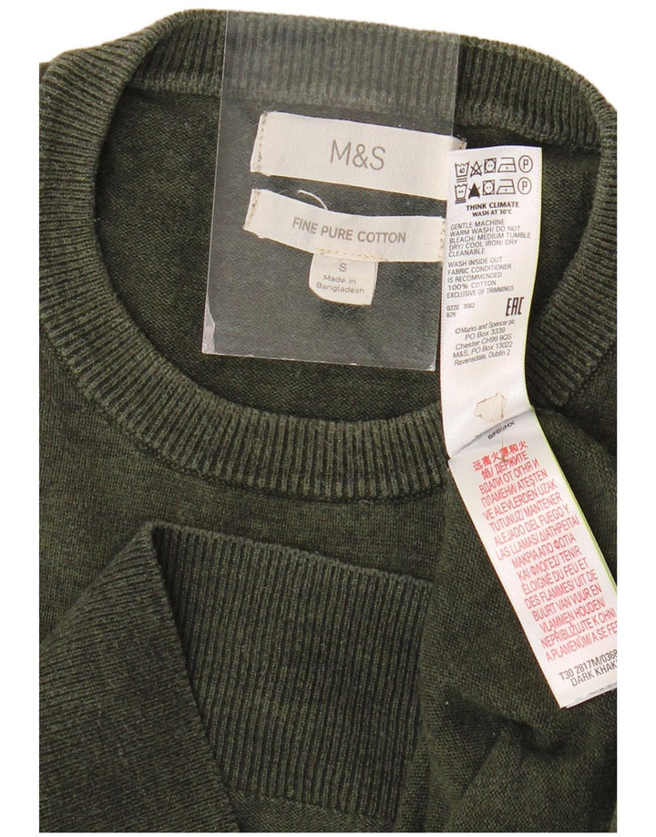 Marks & Spencer Męski sweter z okrągłym dekoltem, mały, bawełniany khaki