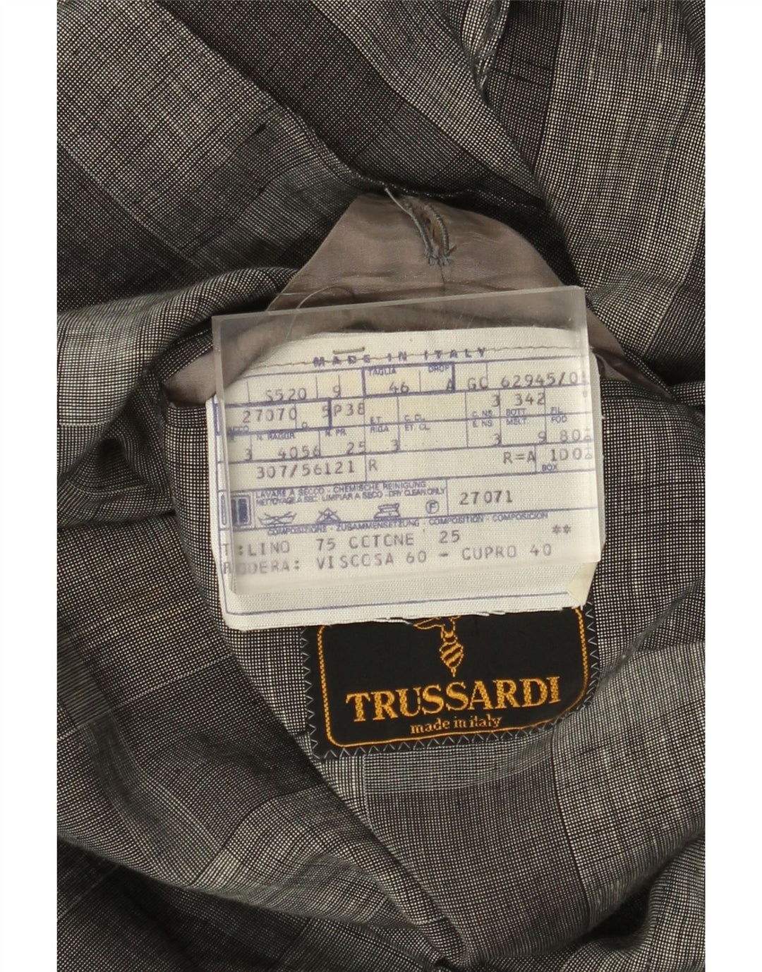 Męska marynarka zapinana na 2 guziki Trussardi IT 46 w małą szarą lnianą kratkę