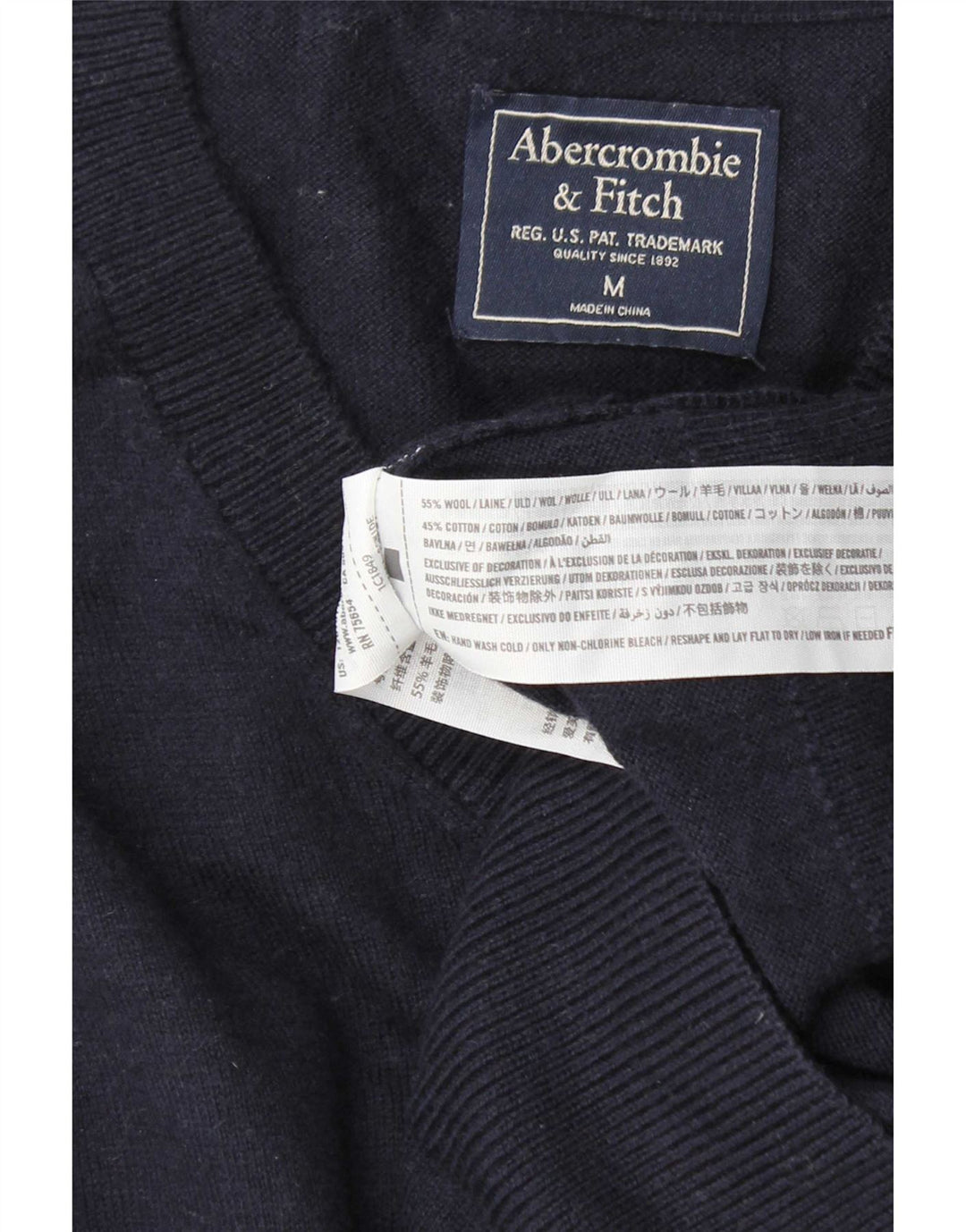 Abercrombie & Fitch Męski sweter z dekoltem w kształcie litery V, średni granatowy wełniany