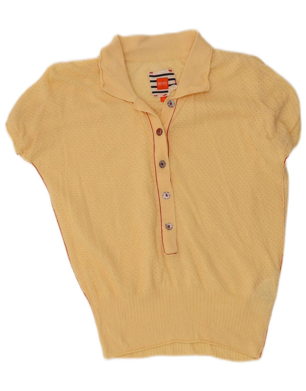 Damski sweter polo z krótkim rękawem Hugo Boss UK 14, duży żółty