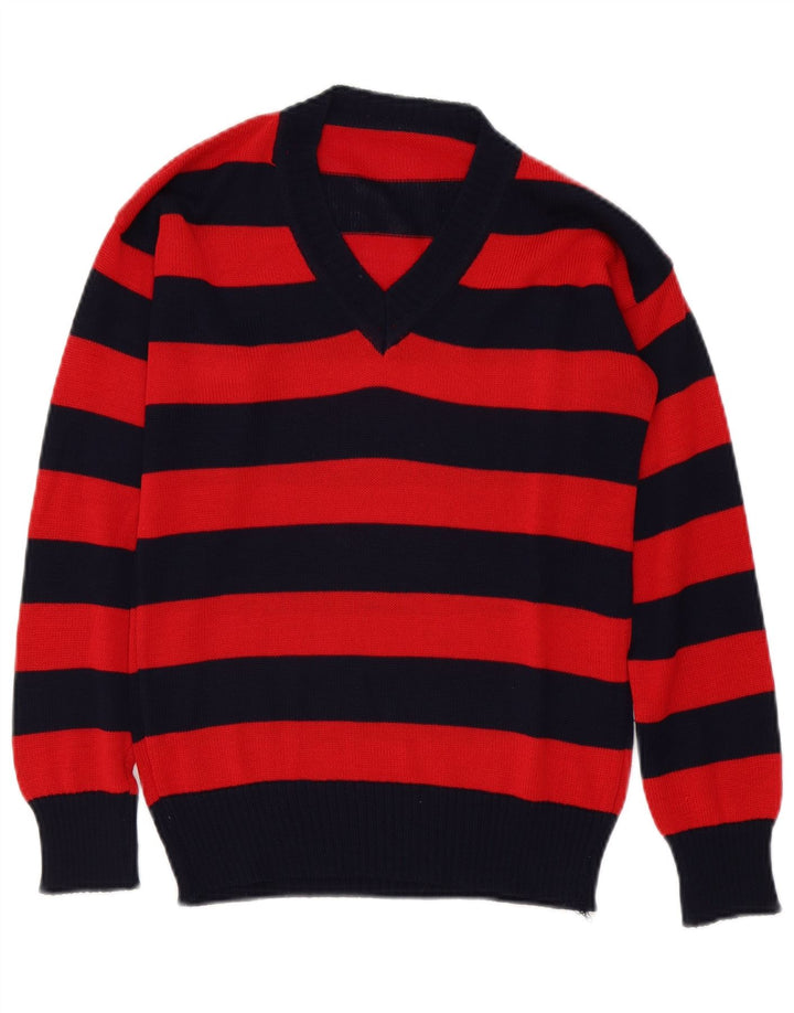 Sweter damski w stylu vintage z dekoltem w kształcie litery V, UK 12, w średnie czerwone paski