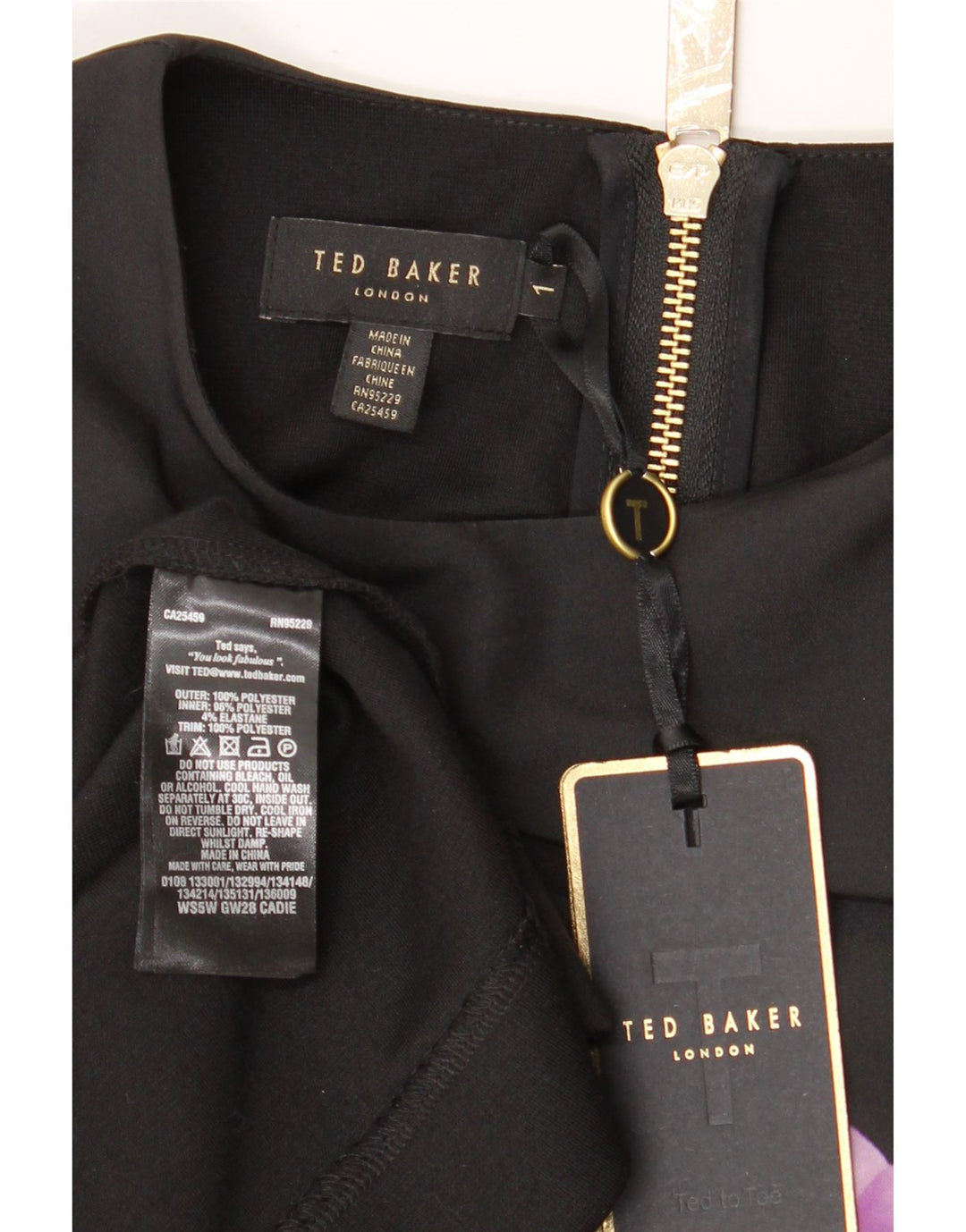 Damska sukienka z Peplum z rękawem 3/4 Ted Baker, rozmiar 1, XS, czarny, kwiatowy, poliester