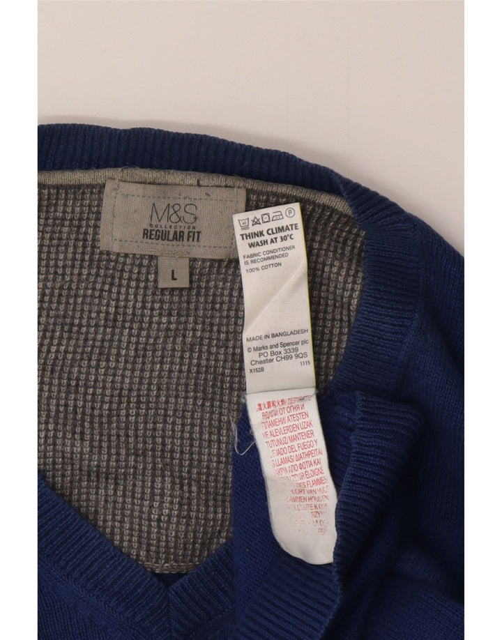 Marks & Spencer Męski sweter o regularnym kroju z dekoltem w kształcie litery V, duży, niebieski, bawełniany